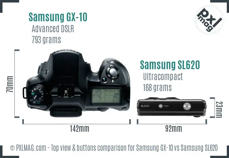 Samsung GX-10 vs Samsung SL620 top view buttons comparison Samsung GX-10 vs Samsung SL620 top view buttons comparison