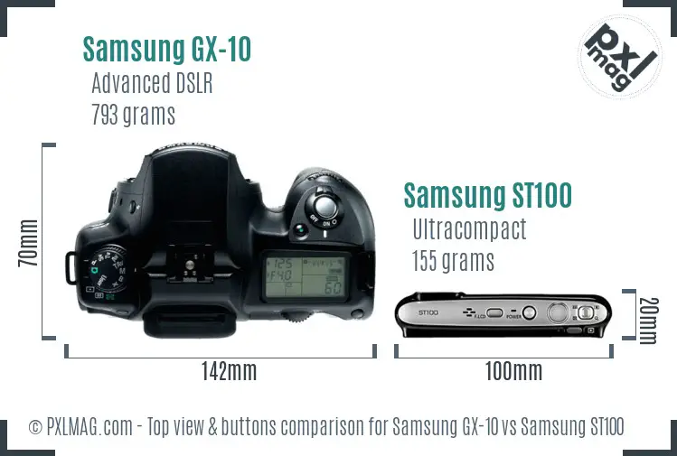 Samsung GX-10 vs Samsung ST100 top view buttons comparison