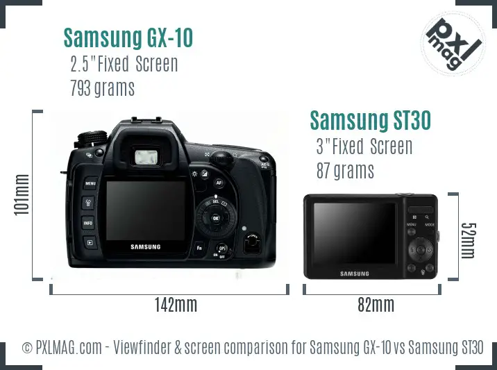 Samsung GX-10 vs Samsung ST30 Screen and Viewfinder comparison