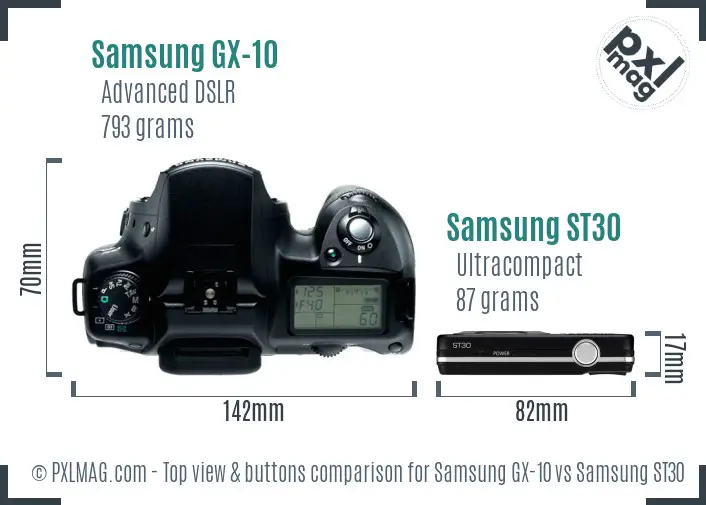 Samsung GX-10 vs Samsung ST30 top view buttons comparison