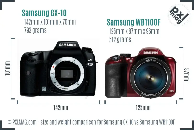 Samsung GX-10 vs Samsung WB1100F size comparison