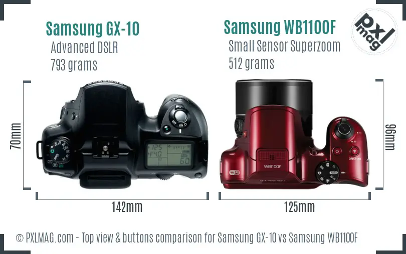 Samsung GX-10 vs Samsung WB1100F top view buttons comparison