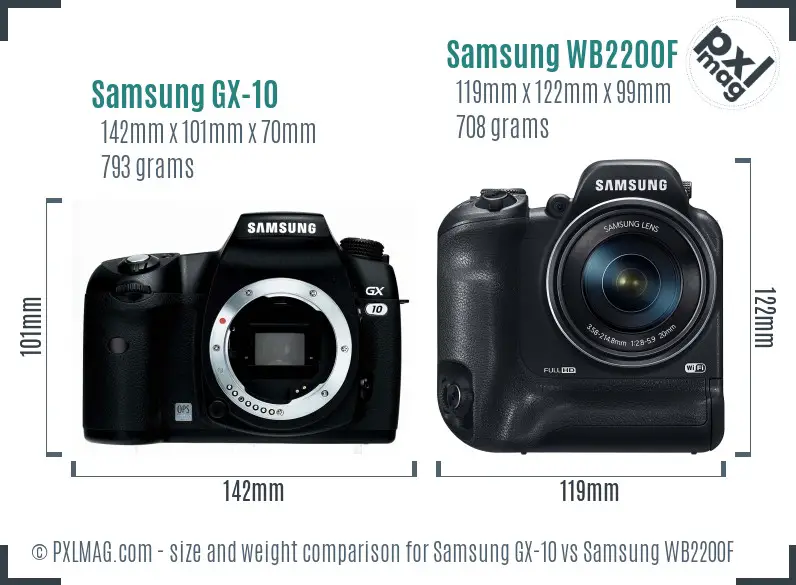 Samsung GX-10 vs Samsung WB2200F size comparison