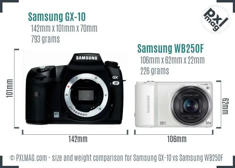 Samsung GX-10 vs Samsung WB250F size comparison