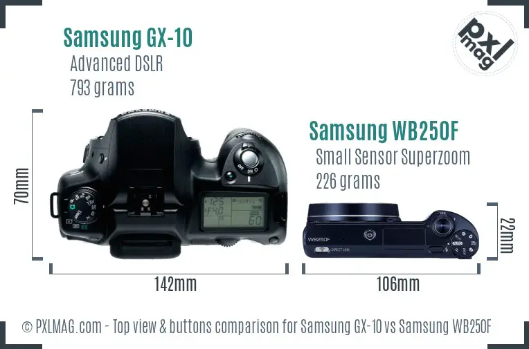 Samsung GX-10 vs Samsung WB250F top view buttons comparison