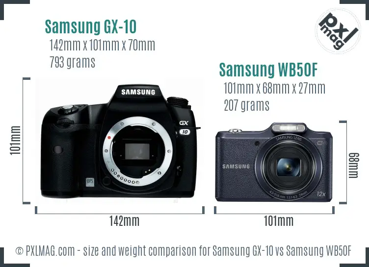 Samsung GX-10 vs Samsung WB50F size comparison