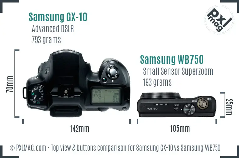 Samsung GX-10 vs Samsung WB750 top view buttons comparison