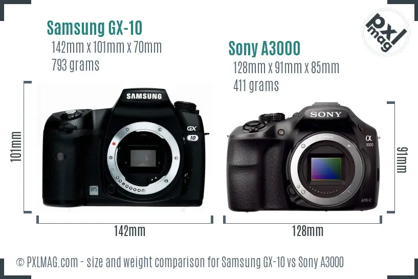 Samsung GX-10 vs Sony A3000 size comparison