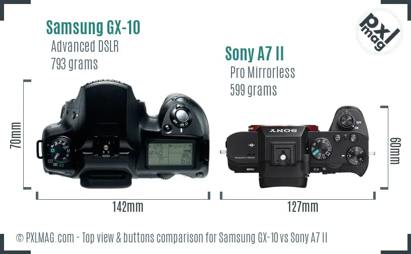 Samsung GX-10 vs Sony A7 II top view buttons comparison
