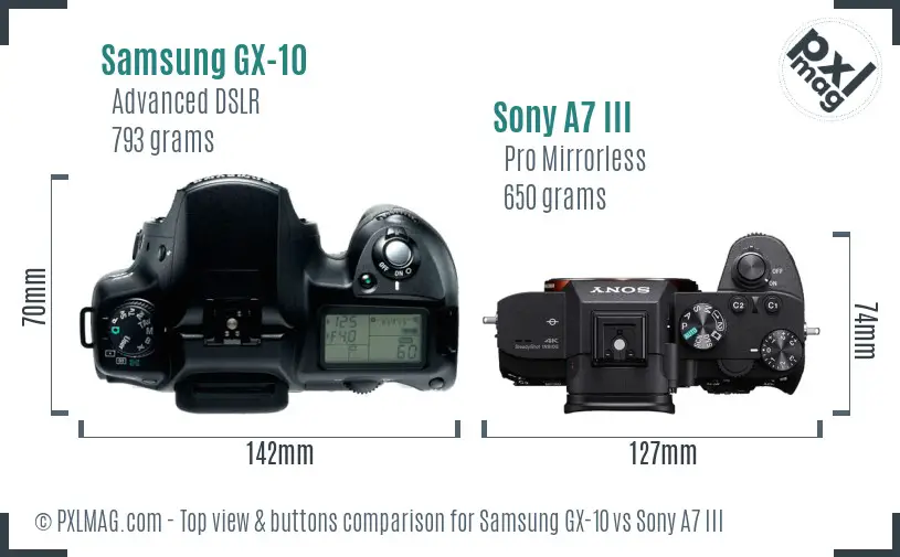 Samsung GX-10 vs Sony A7 III top view buttons comparison