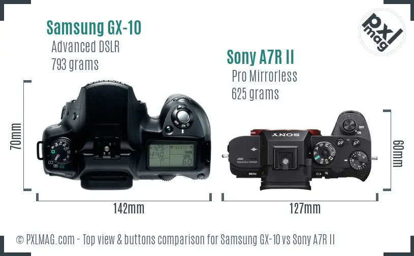 Samsung GX-10 vs Sony A7R II top view buttons comparison