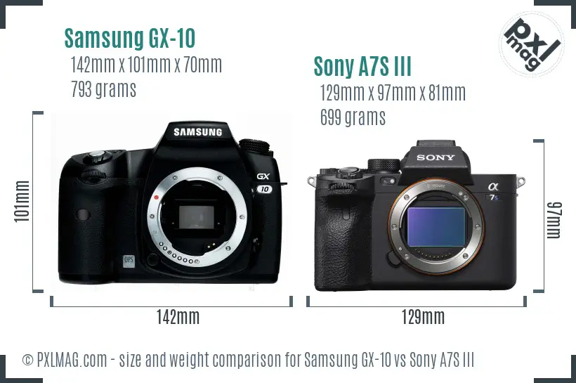 Samsung GX-10 vs Sony A7S III size comparison