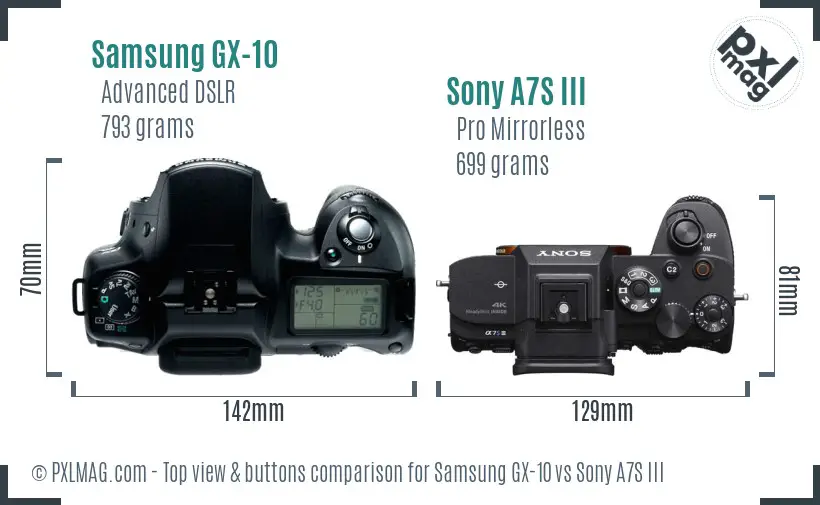 Samsung GX-10 vs Sony A7S III top view buttons comparison