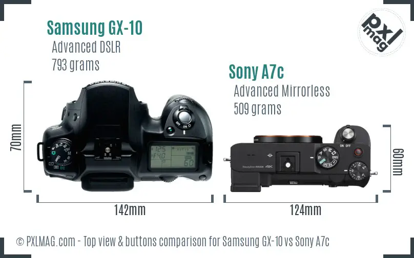 Samsung GX-10 vs Sony A7c top view buttons comparison