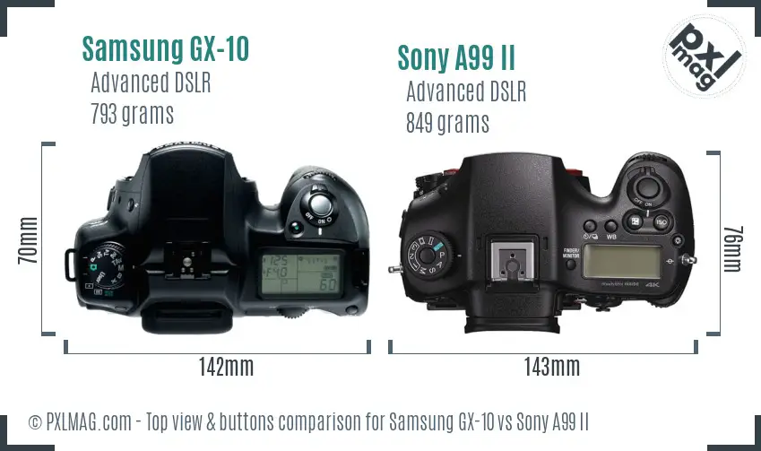 Samsung GX-10 vs Sony A99 II top view buttons comparison