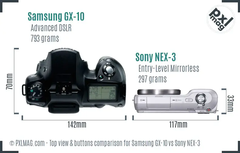 Samsung GX-10 vs Sony NEX-3 top view buttons comparison