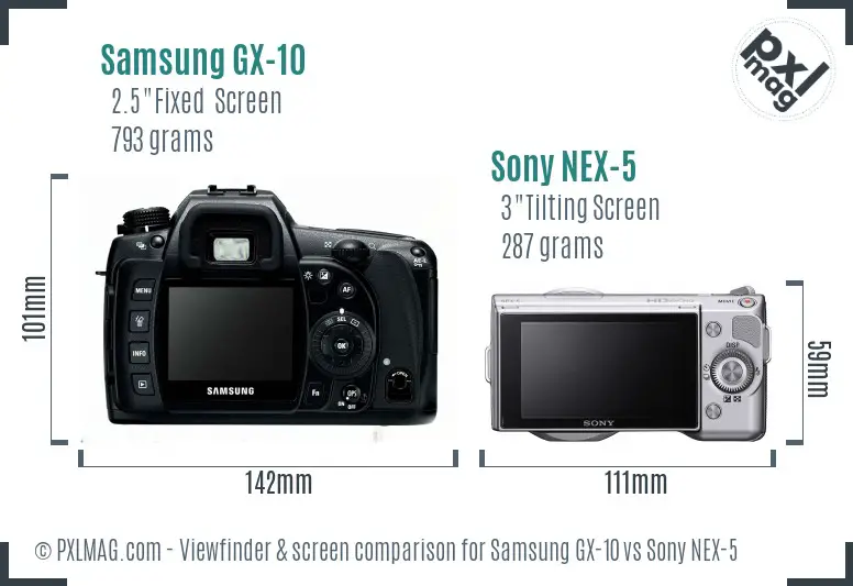 Samsung GX-10 vs Sony NEX-5 Screen and Viewfinder comparison