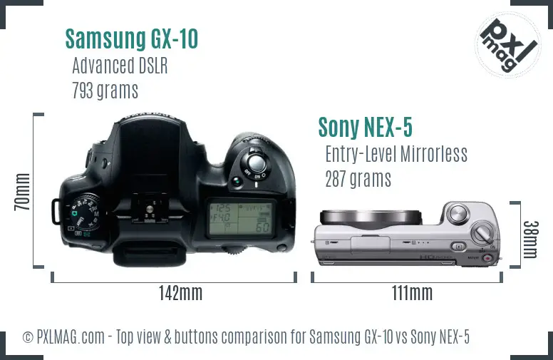 Samsung GX-10 vs Sony NEX-5 top view buttons comparison