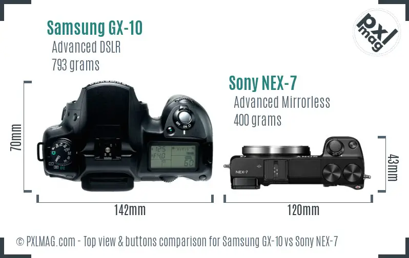 Samsung GX-10 vs Sony NEX-7 top view buttons comparison