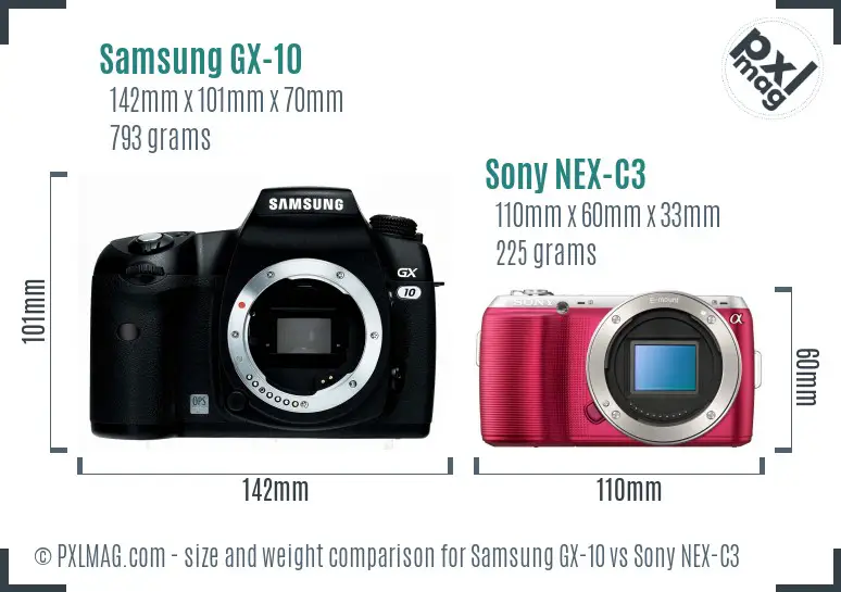 Samsung GX-10 vs Sony NEX-C3 size comparison