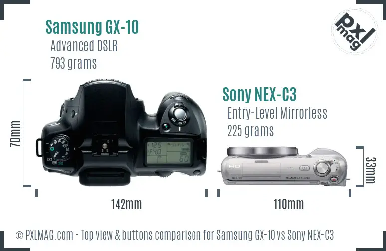 Samsung GX-10 vs Sony NEX-C3 top view buttons comparison