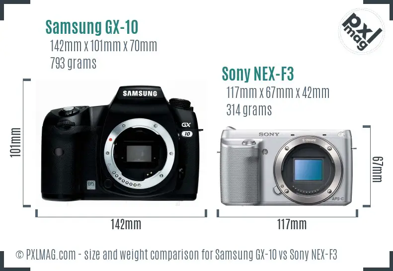 Samsung GX-10 vs Sony NEX-F3 size comparison