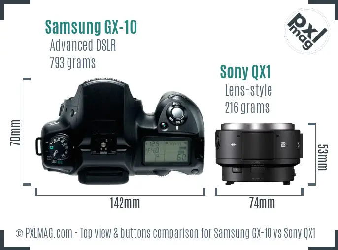 Samsung GX-10 vs Sony QX1 top view buttons comparison