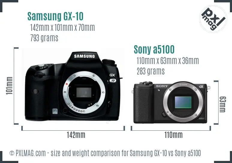 Samsung GX-10 vs Sony a5100 size comparison