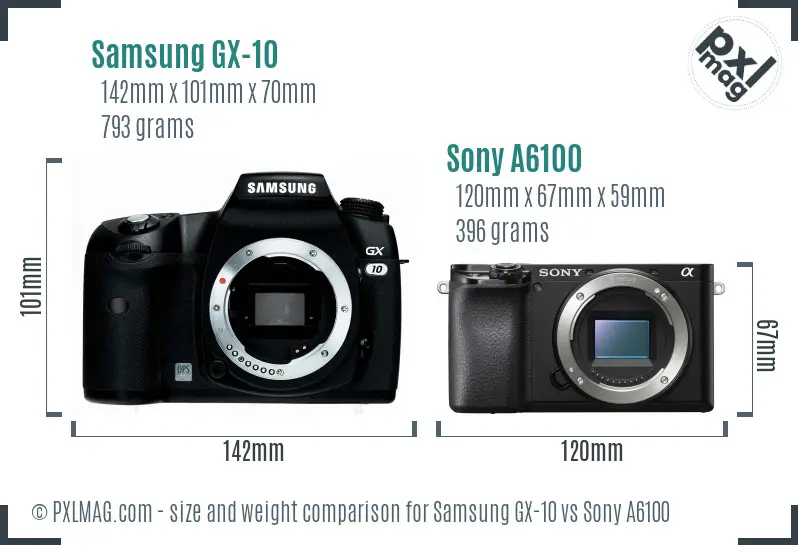 Samsung GX-10 vs Sony A6100 size comparison
