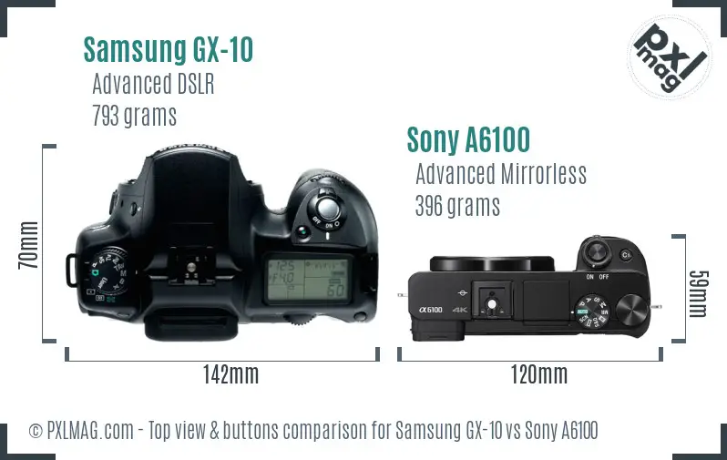 Samsung GX-10 vs Sony A6100 top view buttons comparison