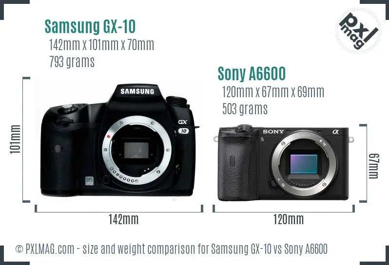 Samsung GX-10 vs Sony A6600 size comparison