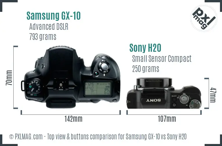 Samsung GX-10 vs Sony H20 top view buttons comparison Samsung GX-10 vs Sony H20 top view buttons comparison
