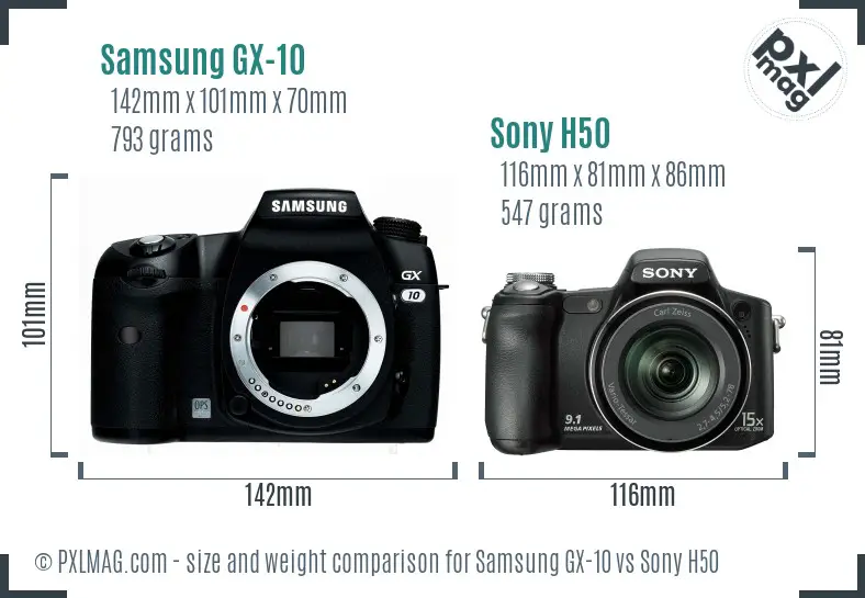 Samsung GX-10 vs Sony H50 size comparison