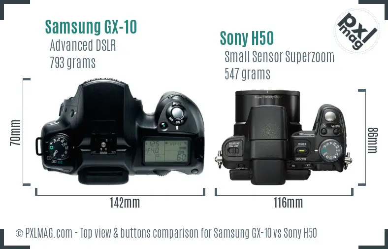 Samsung GX-10 vs Sony H50 top view buttons comparison
