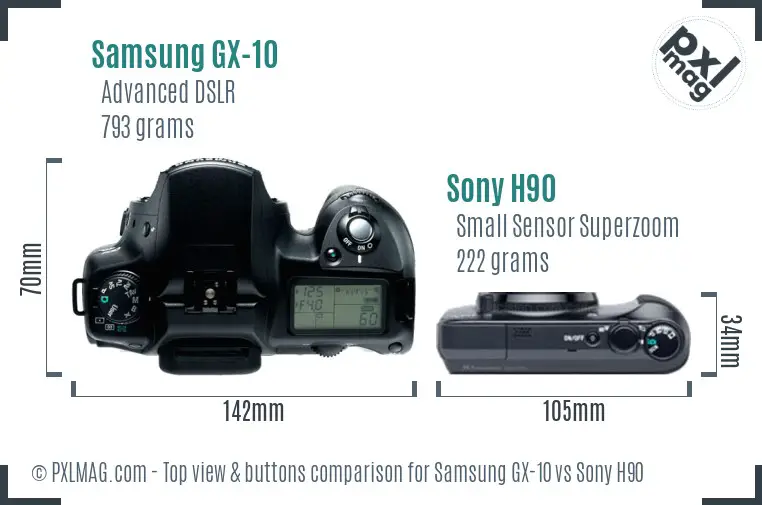 Samsung GX-10 vs Sony H90 top view buttons comparison