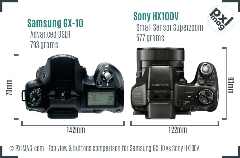Samsung GX-10 vs Sony HX100V top view buttons comparison