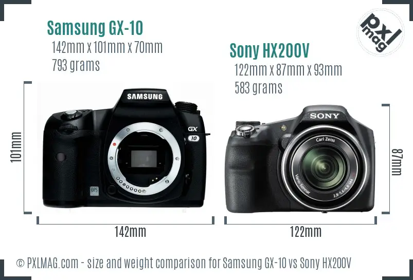 Samsung GX-10 vs Sony HX200V size comparison