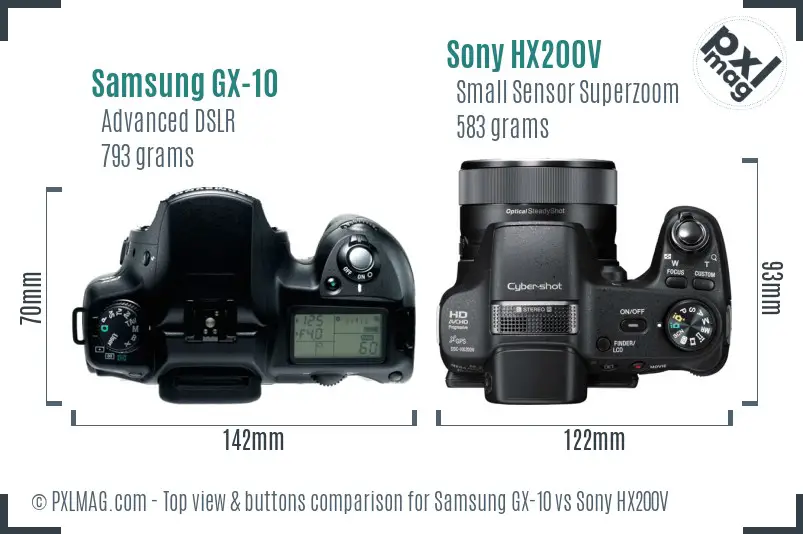 Samsung GX-10 vs Sony HX200V top view buttons comparison