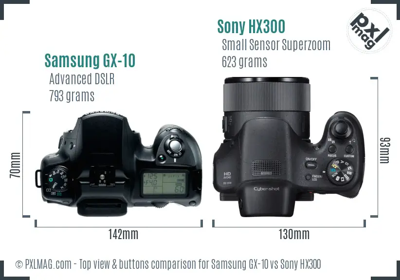 Samsung GX-10 vs Sony HX300 top view buttons comparison