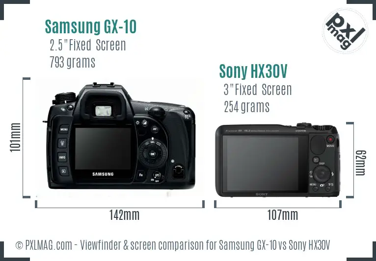 Samsung GX-10 vs Sony HX30V Screen and Viewfinder comparison