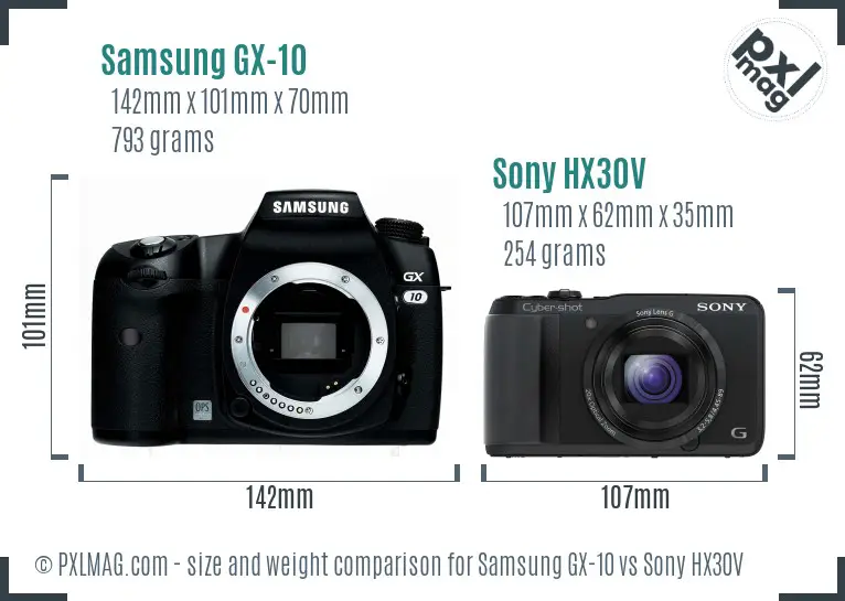 Samsung GX-10 vs Sony HX30V size comparison