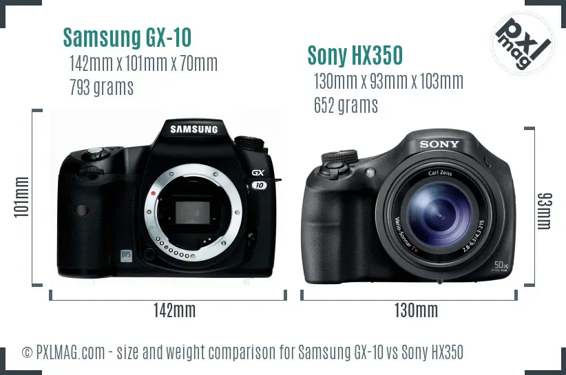 Samsung GX-10 vs Sony HX350 size comparison