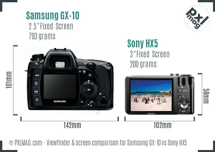 Samsung GX-10 vs Sony HX5 Screen and Viewfinder comparison