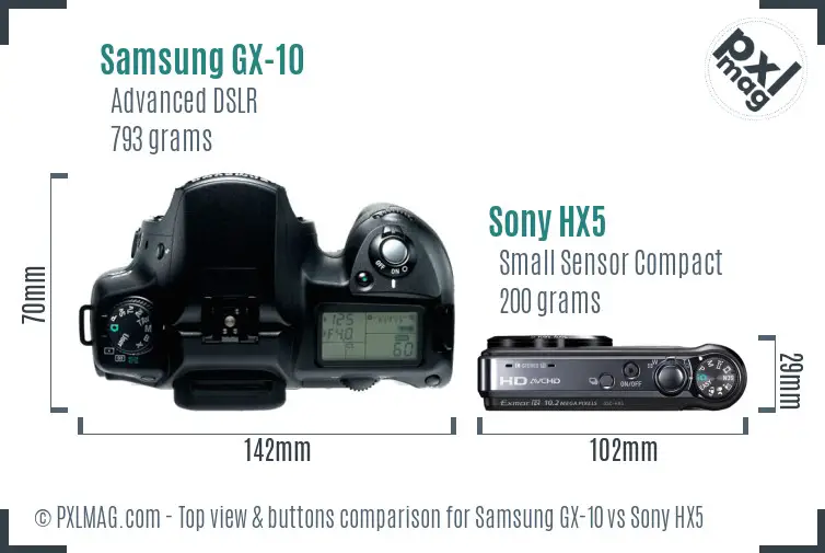 Samsung GX-10 vs Sony HX5 top view buttons comparison