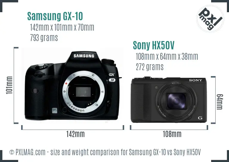 Samsung GX-10 vs Sony HX50V size comparison