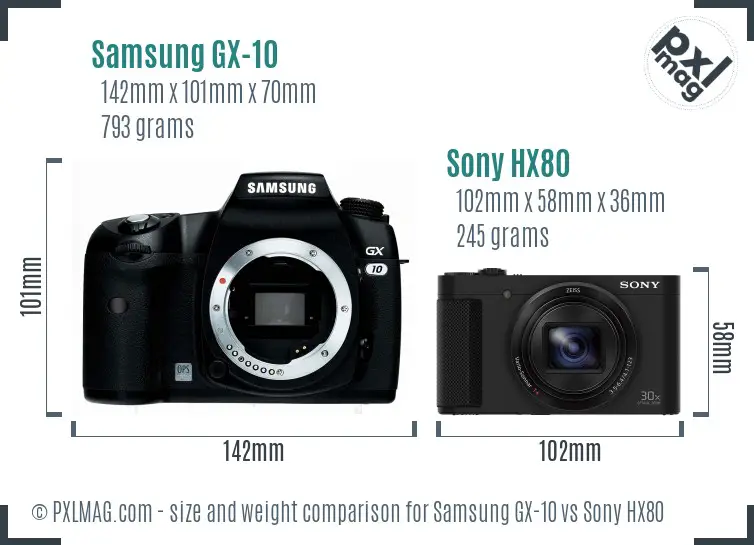Samsung GX-10 vs Sony HX80 size comparison