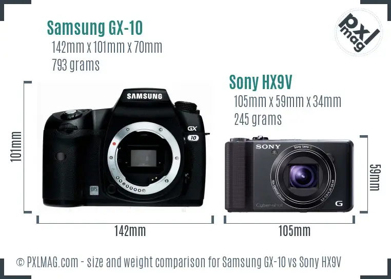 Samsung GX-10 vs Sony HX9V size comparison