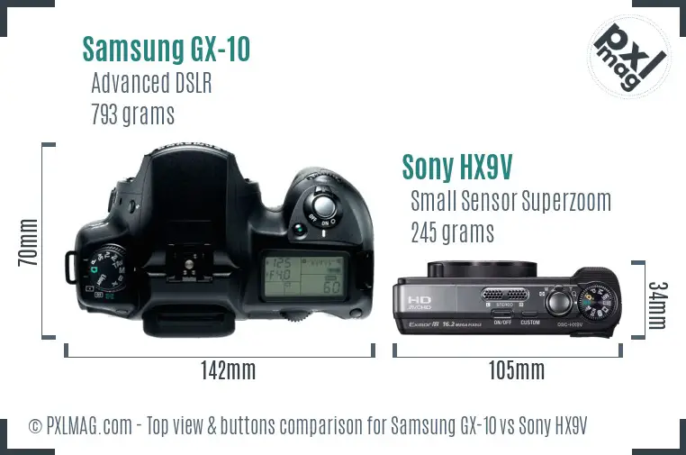 Samsung GX-10 vs Sony HX9V top view buttons comparison