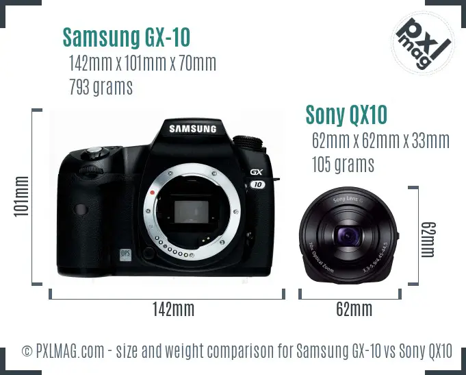 Samsung GX-10 vs Sony QX10 size comparison
