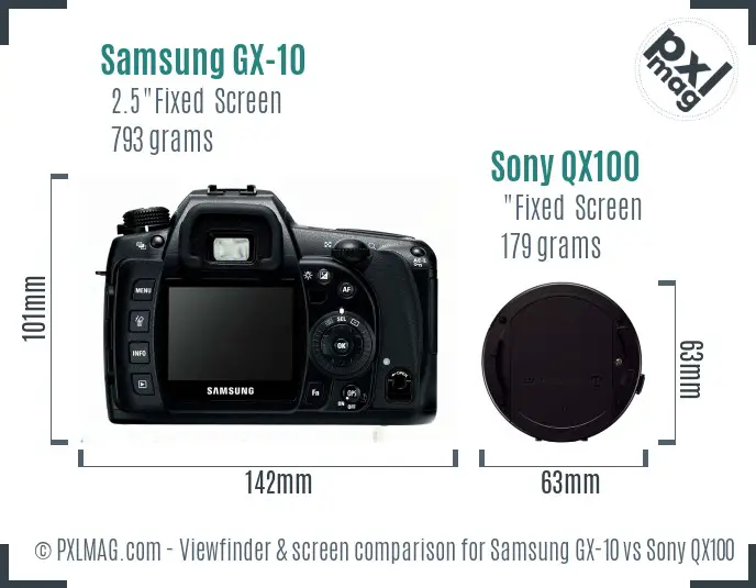 Samsung GX-10 vs Sony QX100 Screen and Viewfinder comparison